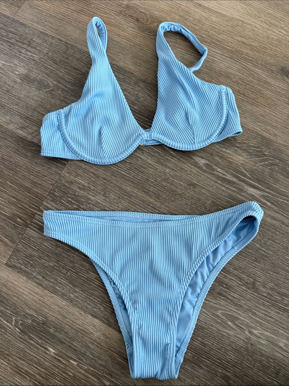 Light Blue Ribbed Underwire Bikini Set - Women Swim